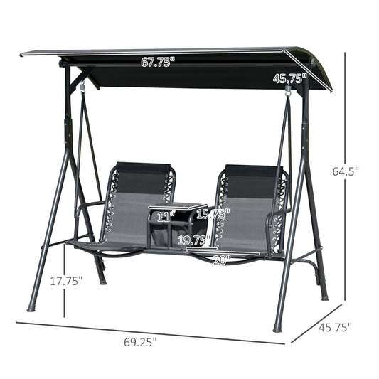 2-Seat Outdoor Porch Swing, With Pivot Storage Table, Cup Holder, & Adjustable Overhead Canopy, Stand's Skid-Resistant Feet Pad, Breathable Mesh Seat, Steel Frame, For Patio, Black
