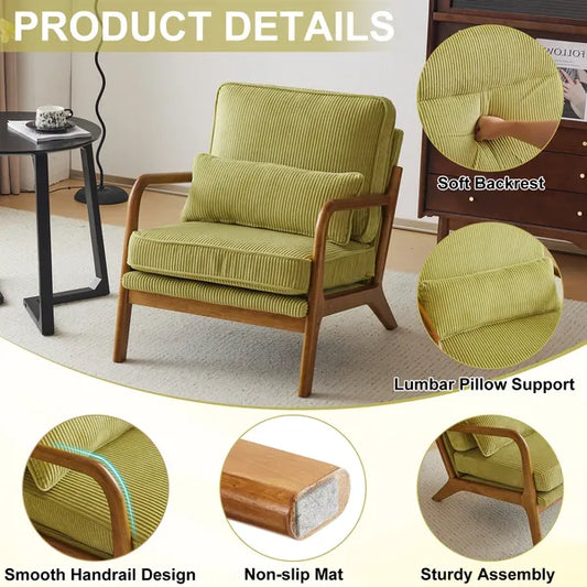 Low Arm Accent Chair - Olive Green Corduroy Upholstered Indoor Lounge Chair, Compact Single Seater With Sturdy Frame - 330LBS Weight Capacity