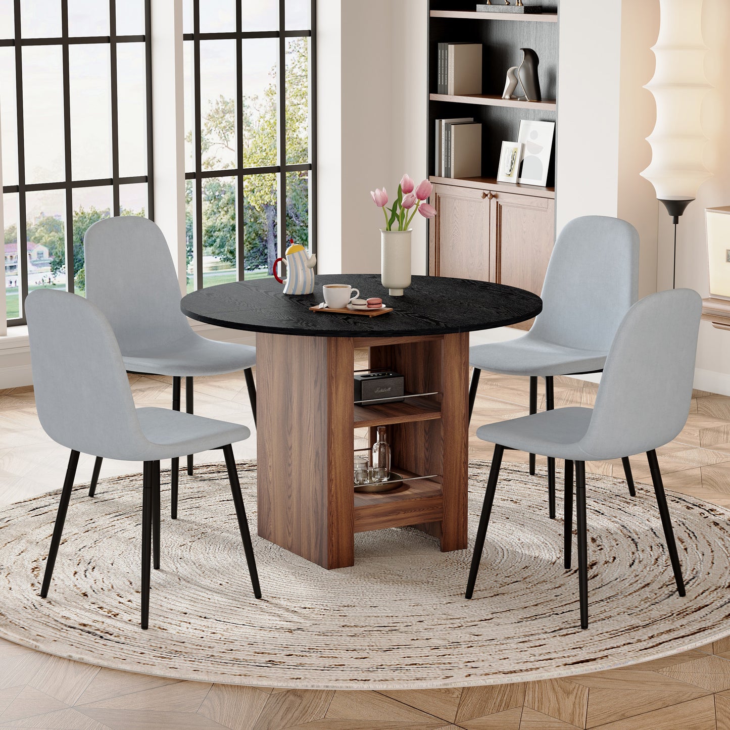 Table And Chair Set. 42 Inch Round MDF Black Dining Table With Double-layer Storage Shelves, Stable Frame. Paired With 4 Light Gray Linen-Cotton Material High Resilience Dining Chair With Metal Leg.