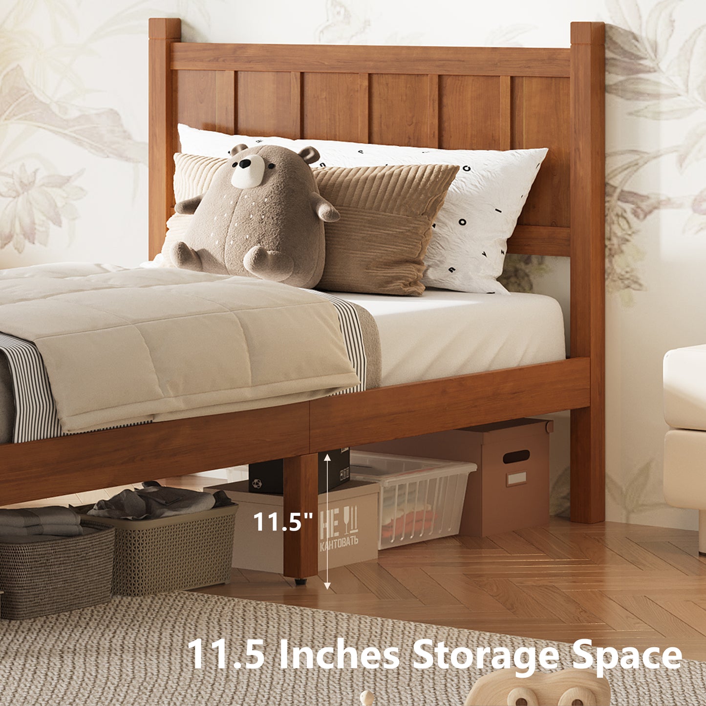 Twin Size Flat Panel Bed With Headboard & Footboard, Minimalist Modern Platform Bed With Wood Grain Finish, Shaker And Farmhouse Style Design, Sleek And Functional Bedroom Furniture,Light Walnut
