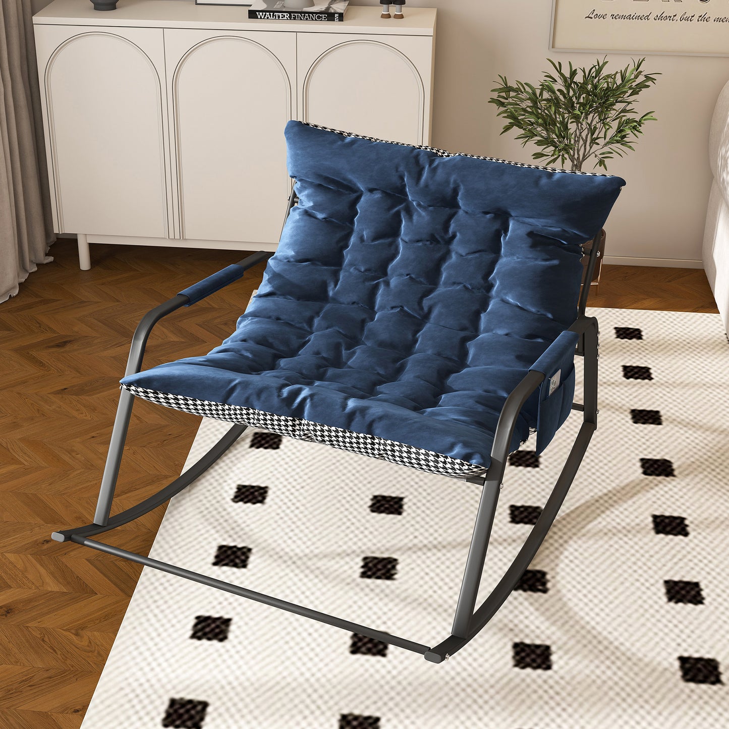 Rocking Chair With Storage, Cushions & Armrests, All-Season Comfort Lounge Recliner, Breathable Ergonomic Lounge Chair For Bedroom, Living Room, Patio, Garden Blue