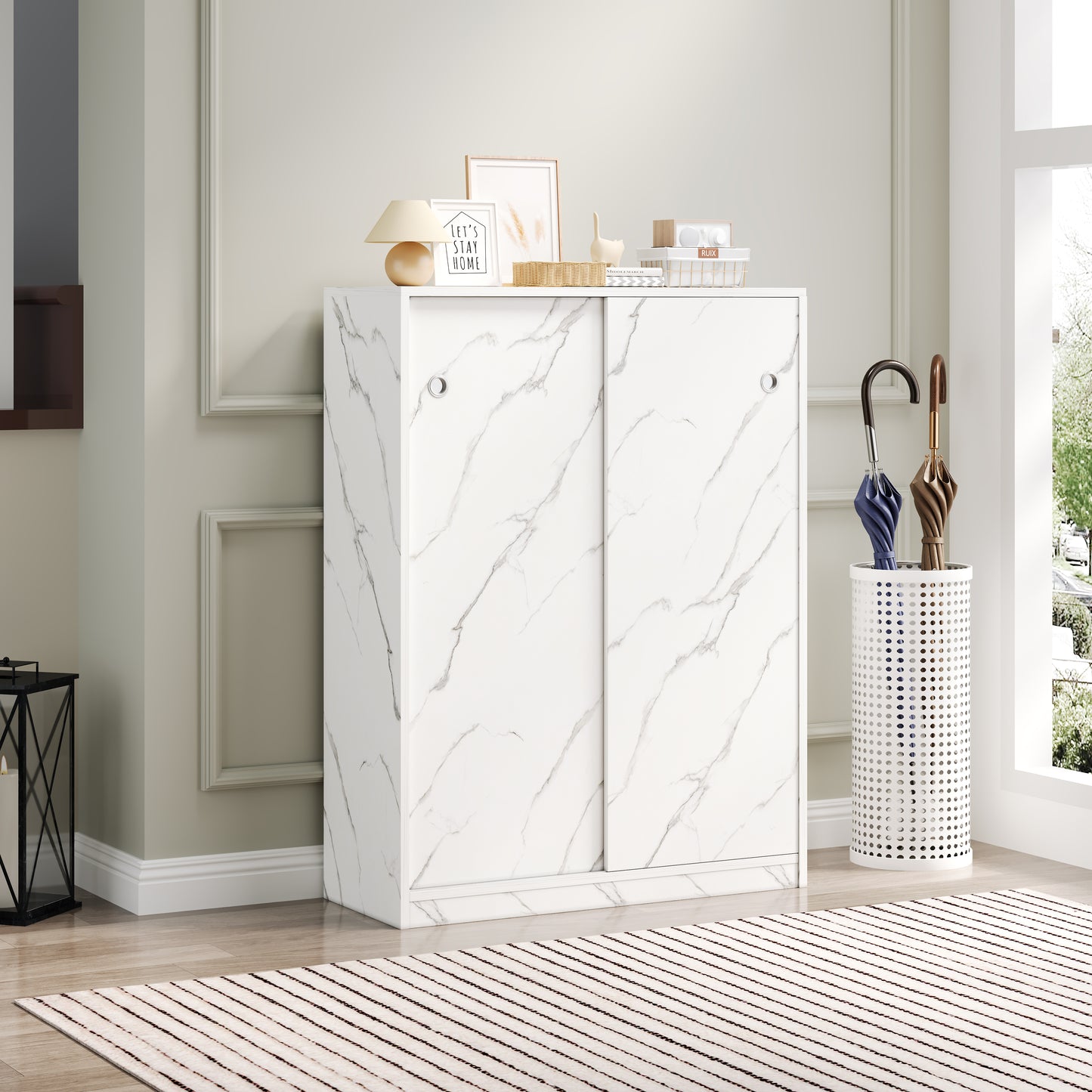 Marble White  Shoe Cabient With Sliding Door Have 6 Layers Can Storage At Least30 Pairs Shoes