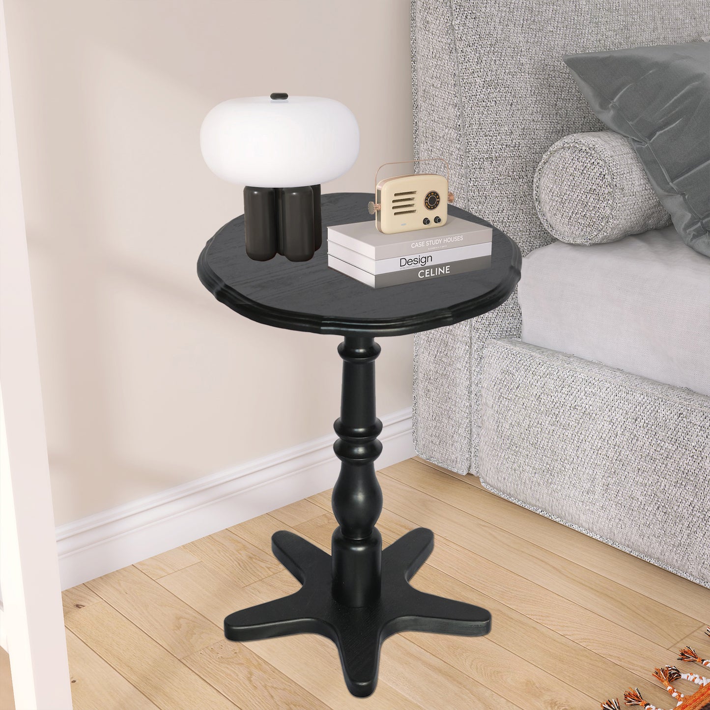 15.75 Inch Round Small End Table, Wooden Pedestal Side Coffee Tables, Vintage Accent Nightstand For Living Room, Bedroom, Entryway  Black