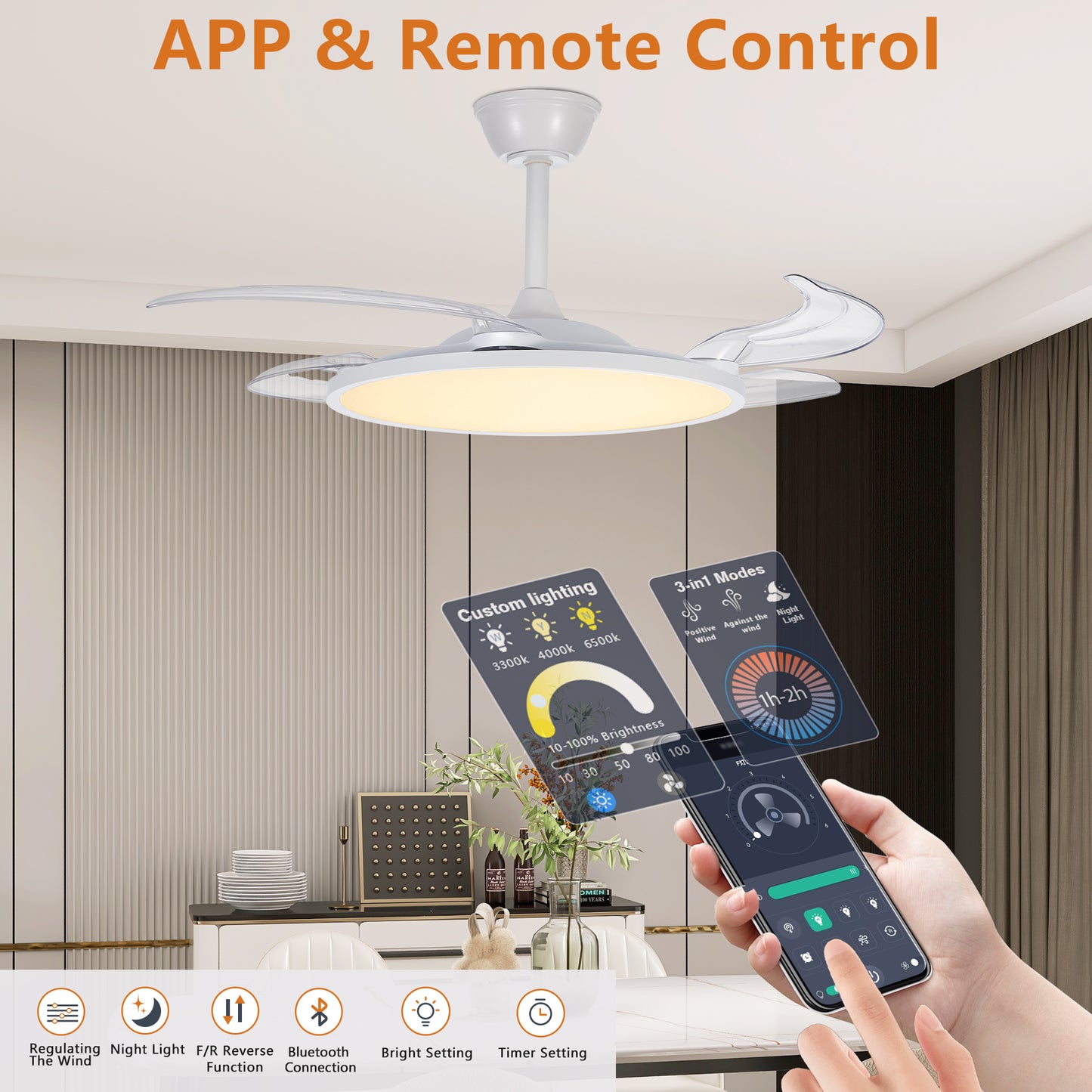 Retractable Ceiling Fans With Lights,42 Inch Ceiling Fan With Light And Remote Control,Flush Mount,DC Reversible,3CCT,Low Noise,White Ceiling Fan For Bedroom,Living Room,Kitchen,Indoor