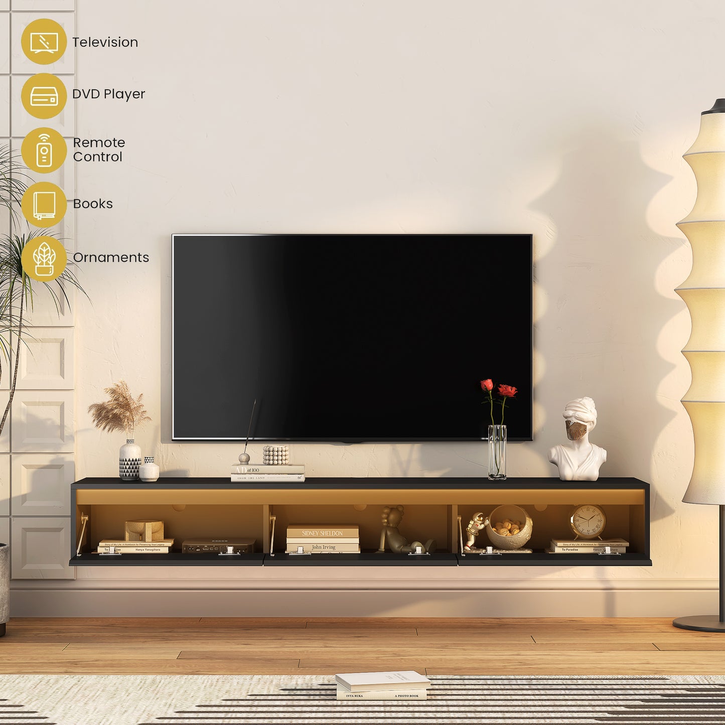 Floating TV Stand, Wall Mounted TV Shelf With Led Lights & Power OutletTV Cabinet For Black Tv Stands For Living Room