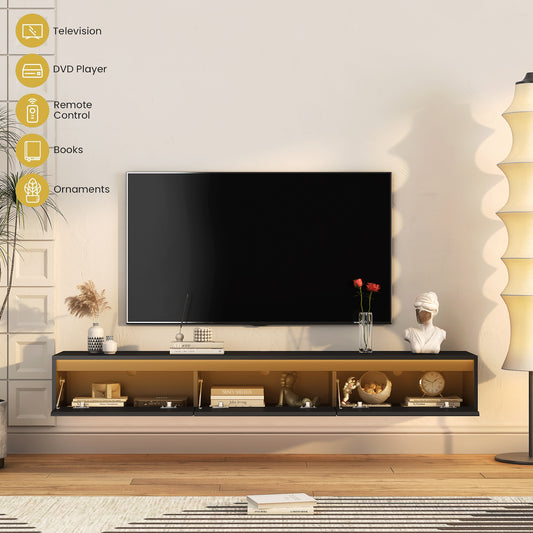 Floating TV Stand, Wall Mounted TV Shelf With Led Lights & Power OutletTV Cabinet For Black Tv Stands For Living Room