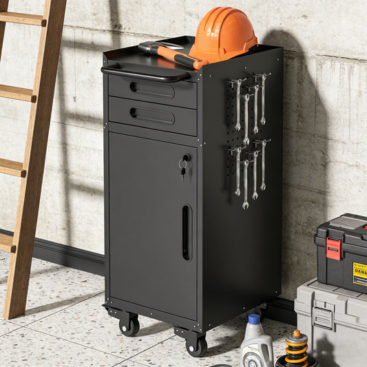 34.3 Narrow Rolling Tool Cabinet - Space-Saving Garage Storage With Lockable Door, 2 Drawers And Large Handle, Slim Metal Organizer For Tight Spaces