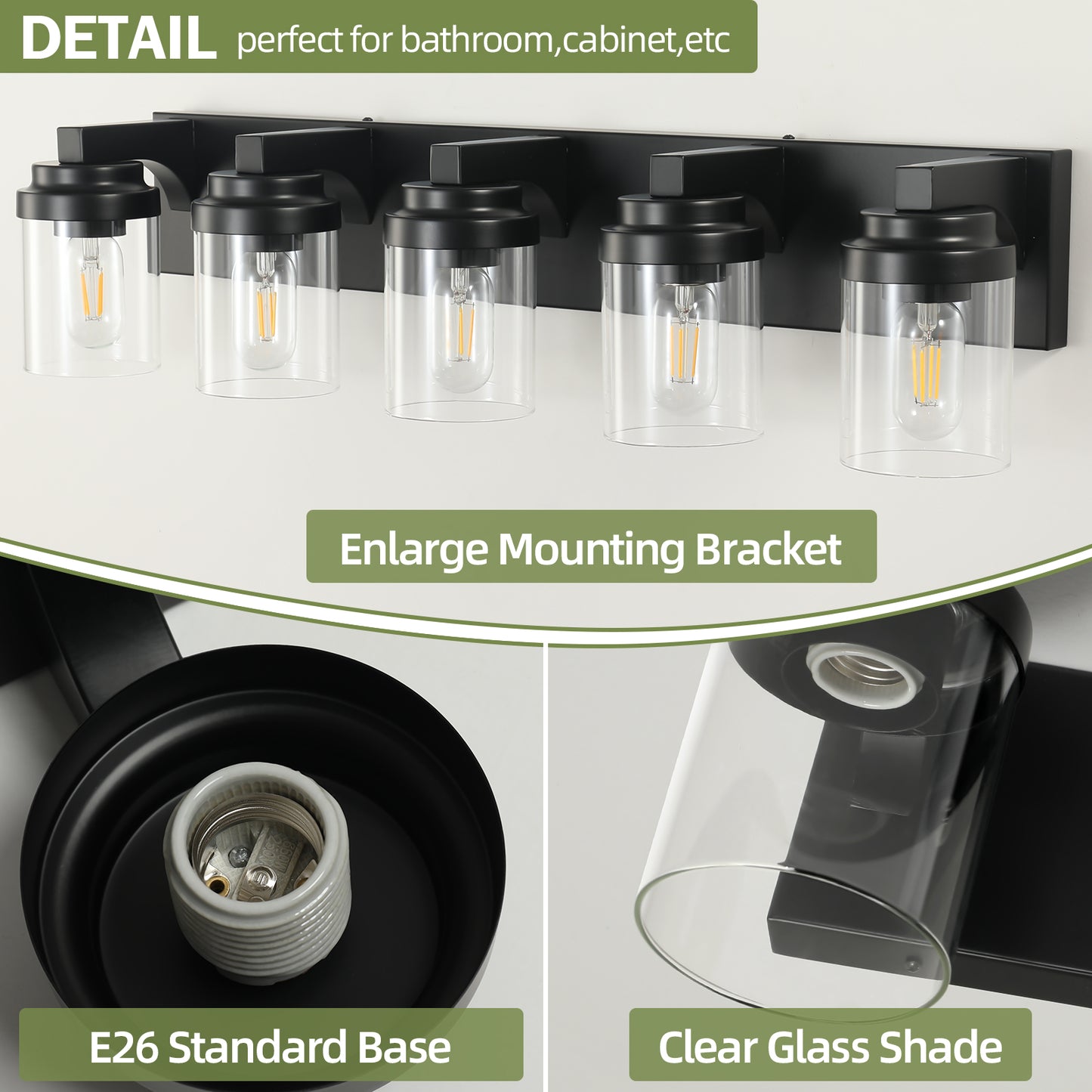 5-Light Bathroom Vanity Light Bathroom Light Fixtures Over Mirror, 31 Black Vanity Lights With Glass Shade, Modern Wall Sconce For Cabinet Porch Bedroom, Hallway Bulbs Not Included