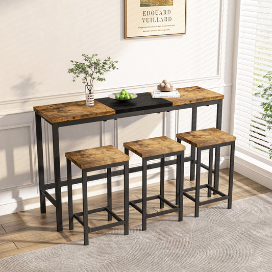 Modern Design Kitchen Dining Table, Pub Table, Long Dining Table Set With 3 Stools, Convenient Hanging Stool Design, Natural Black,