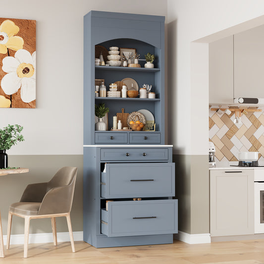 TOPMAx Modern 83.7inch High Kitchen Pantry  Freestanding Tall Kitchen Hutch With Faux Marble Top  Display Cupboard Cabinet With 5 Storage Drawers And Adjustable Shelf  Gray