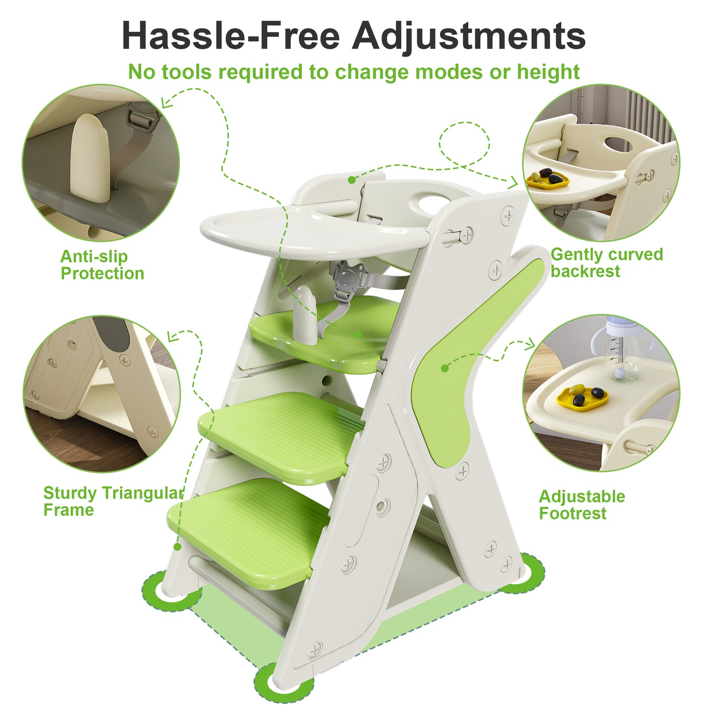 Multi Functional Growing Up Dining Chair,A High Chair Suitable For Eating And Feeding,Adjustable Height Toddler Tower,Use Five-point Seat Belts And A Movable Large Dinner Plate Green
