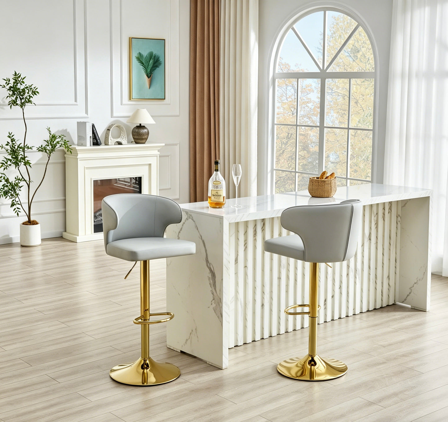 Modern Rotating Adjustable Bar Chair, PU Leather Belt Backrest Swivel Chair, Suitable For Kitchen Bar Counter And Dining Room, Adjustable Height, Capable Of Bearing 300 Pounds  Grey -2 Pieces