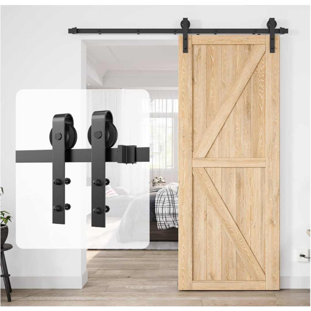 8 FT Double Sliding Barn Door Track And Handle Hardware Kit,Basic J Pulley,Slide Smoothly Quietly,Easy Install 8FT Track Kit For 20-24 Wide Double Door