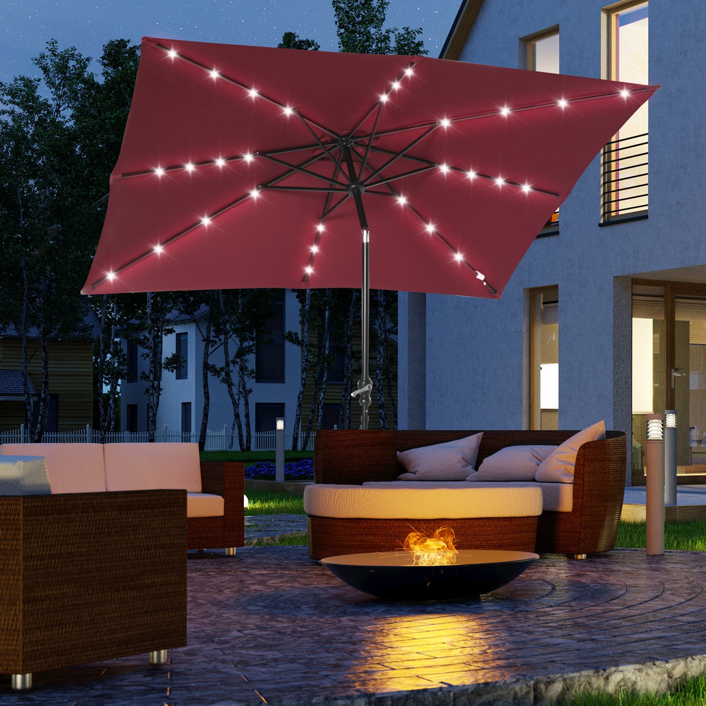 9' X 7' Solar Umbrella, LED Lighted Patio Umbrella For Table Or Base With Tilt & Crank, Outdoor Umbrella For Garden, Deck, Backyard, Pool, Beach, Wine Red