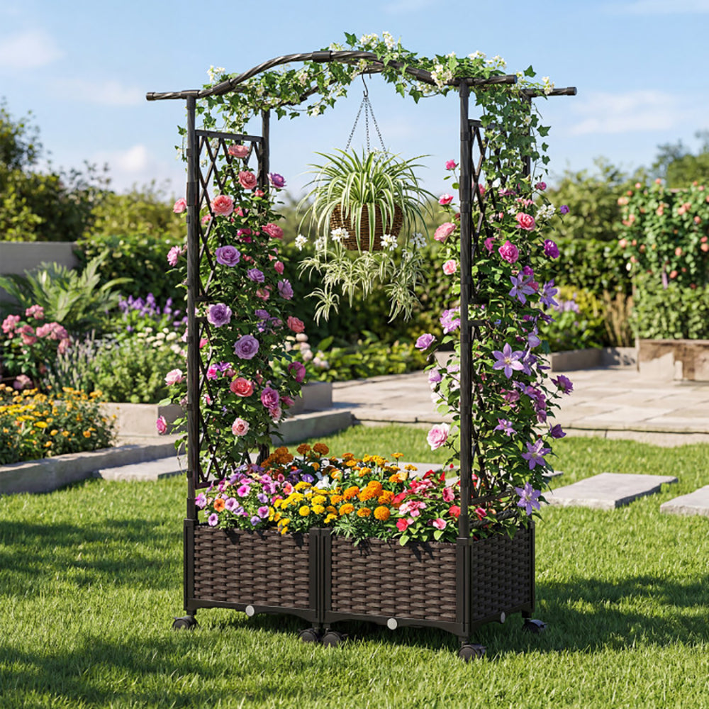 5 FT Self-Watering Planter Boxes With Lattice Trellis And Roof For Outdoor Application, Such As Balcony, Deck, Patio, And Garden