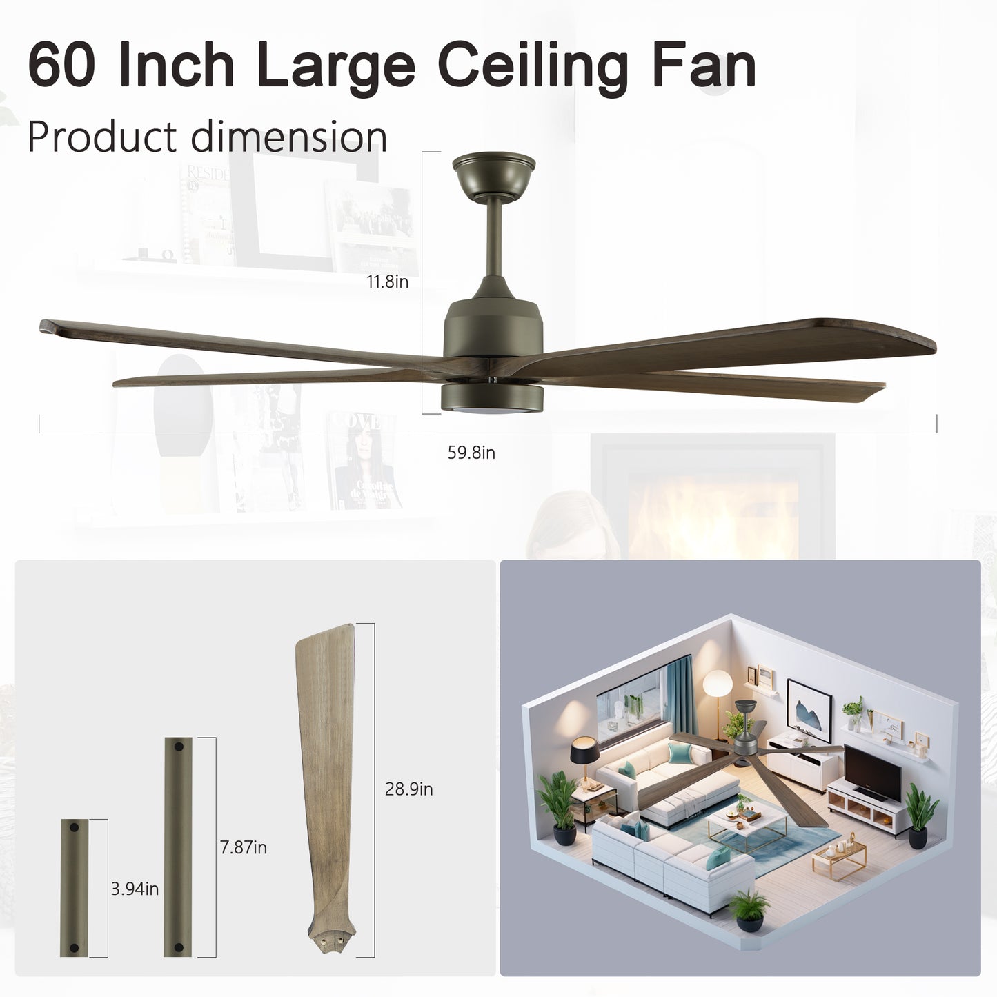 60  Modern Wood Ceiling Fan With Light And Remote Control,6-Speed Noiseless Reversible DC Motor, Ceiling Fan For Kitchen Dinning Living Room