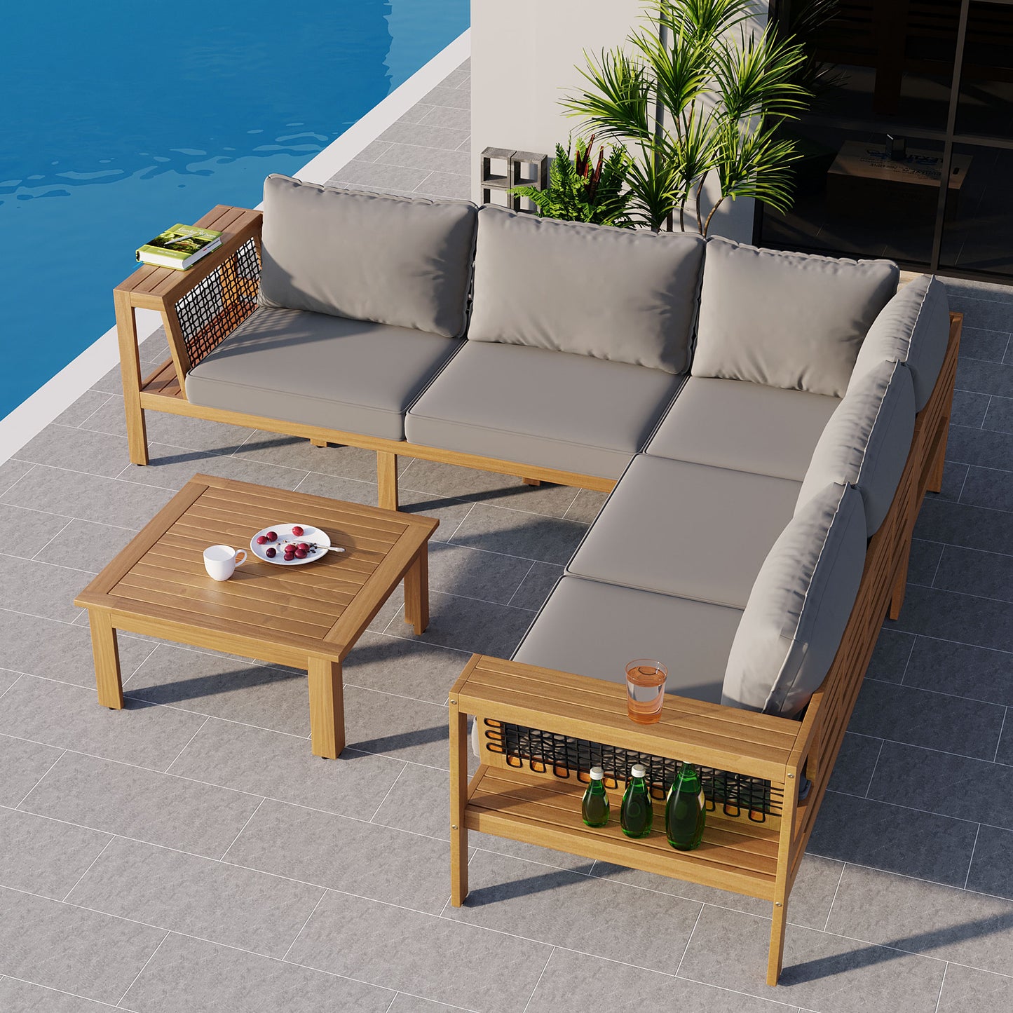 4 Pieces Outdoor Acacia Wood Sofa Set, Woven Mesh Armrests, L-Shaped Patio Furniture Sofa Set With Coffee Table, Outdoor Conversation Set With Gray Cushions And Side Table