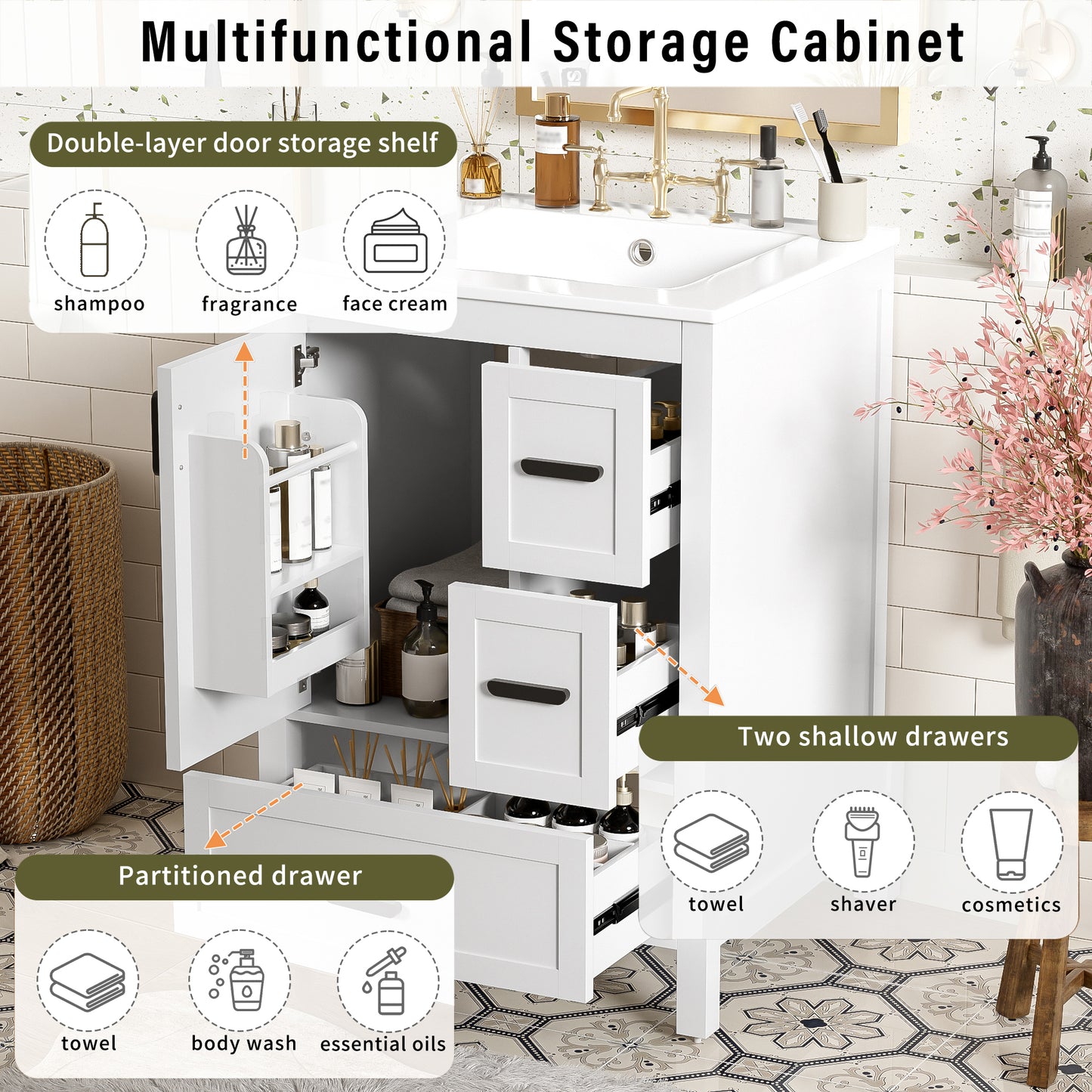 Modern 24-inch Bathroom Vanity With Ceramic Sink, Soft-Close Door, Double-Layer Door Shelf, And 3 Drawers