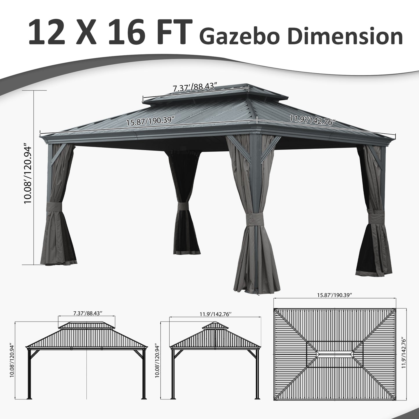 12  X 16  Hardtop Gazebo, Upgraded Metal Gazebo With Drainage System, Dual-Layer Galvanized Steel Roof, Curtain And Netting, Outdoor Shelter Canopy For Patio, Garden, And Backyard, Gray