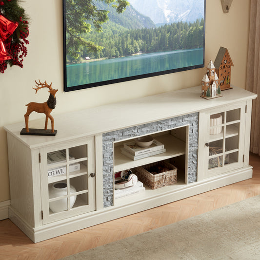 70  Modern TV Stand With 2-Door Storage, Faux Stone Media Console Cabinet, White Large Entertainment Center For Living Room