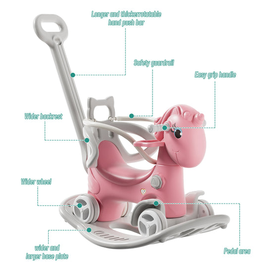 Rocking Horse For Toddlers, Balance Bike Ride On Toys With Push Handle, Backrest And Balance Board For Baby Girl And Boy, Unicorn Kids Pink Color  Old SKU W509125829