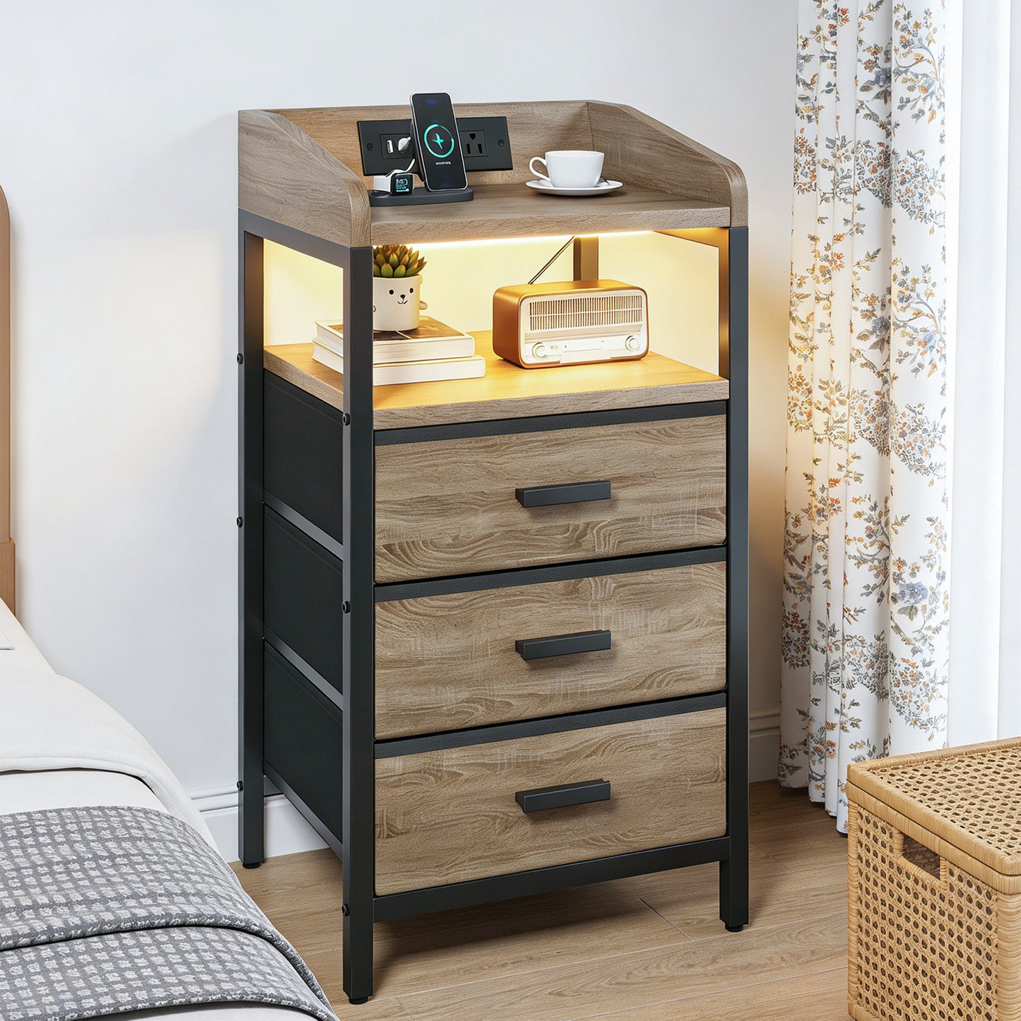 2 Pack Night Stand With Charging Station And Light Bedside End Table With 3 Fabric Drawers 2 USB Ports And Outlets For Bedroom