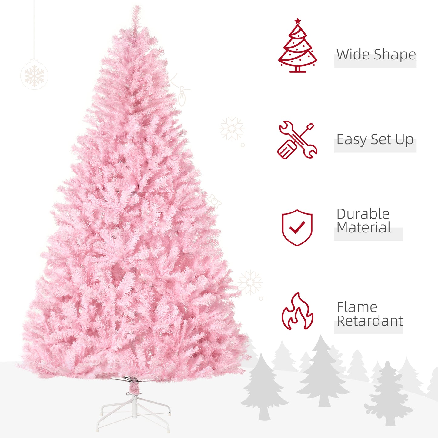 7' Artificial Pink Christmas Trees, With Auto Open, Steel Base, Wide Shape For Indoor Xmas Decoration