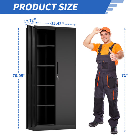 71H Metal Garage Storage Cabinet, Black Tool Steel Locking Cabinet With Doors And 4 Shelves, Tall Cabinets For Garage Storage Systems Lockable File Cabinet For Home Office, Classroom Pantry