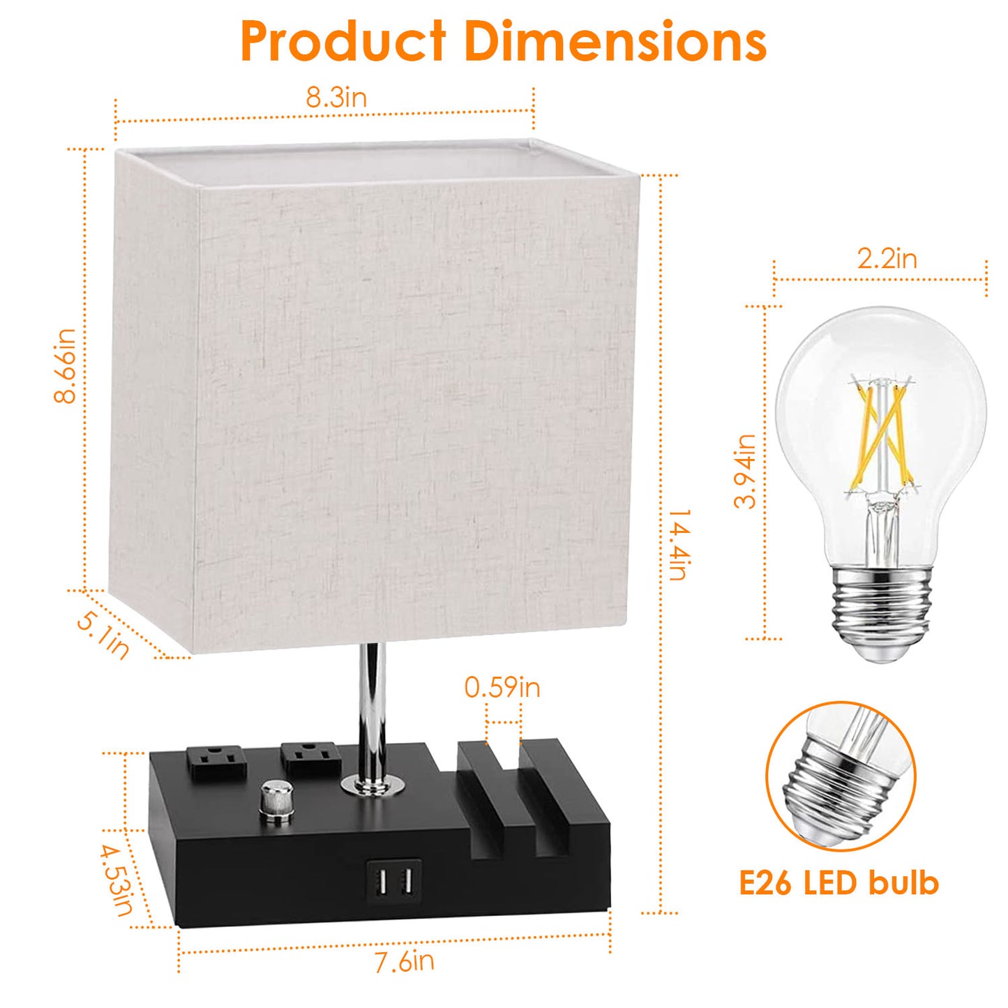 1Pc Fully Dimmable Table Lamp For Bedroom Living Room Bedside Lamp For Nightstand Dual USB Ports 2 Power Outlets LED Bulb Included