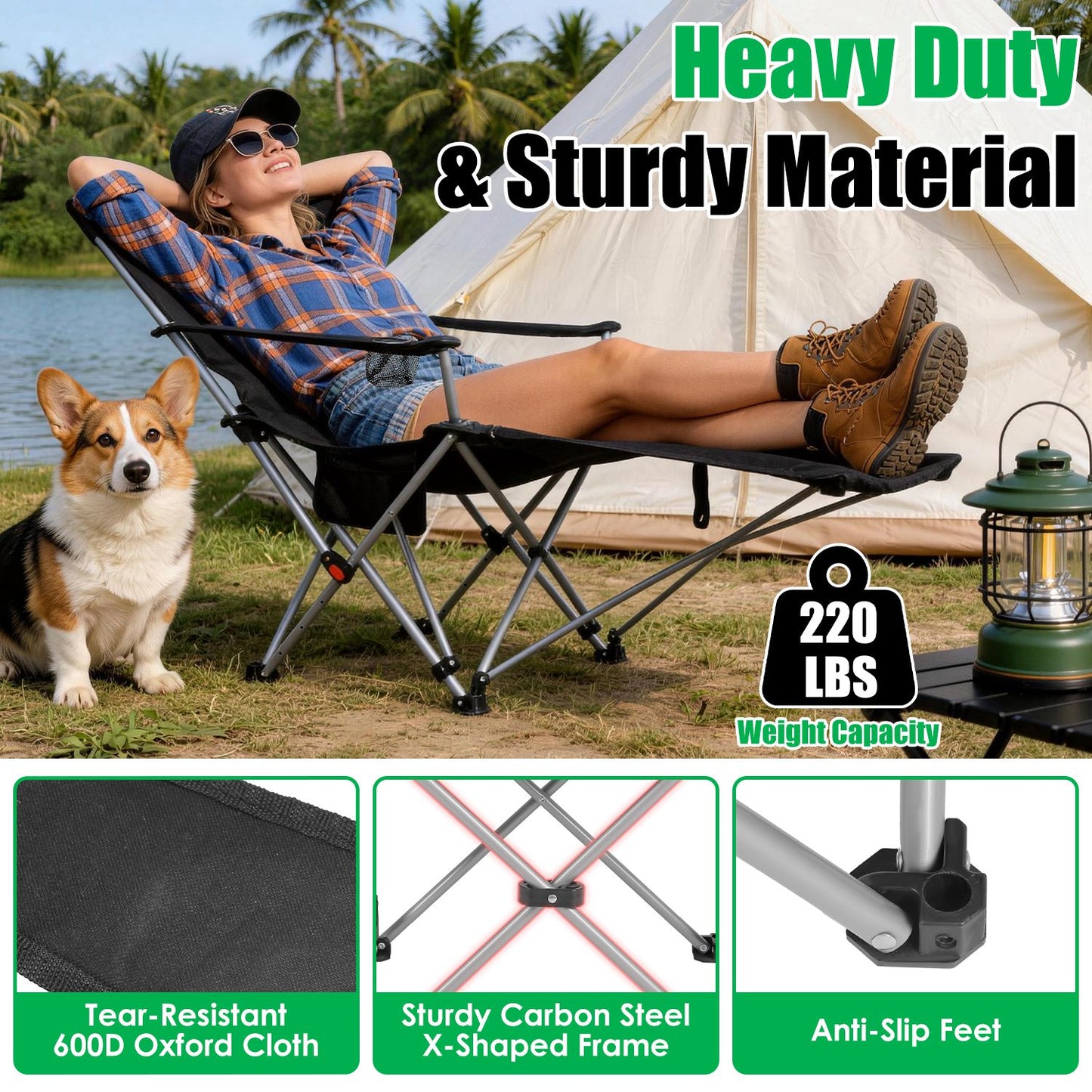 1Pc Reclining Camping Chair With Footrest 4-Position Adjustable Outdoor Folding Chair Heavy Duty Portable Camping Lounge Chair With Headrest Cup Holder & Side Pocket For Outdoor Beach Patio Travel