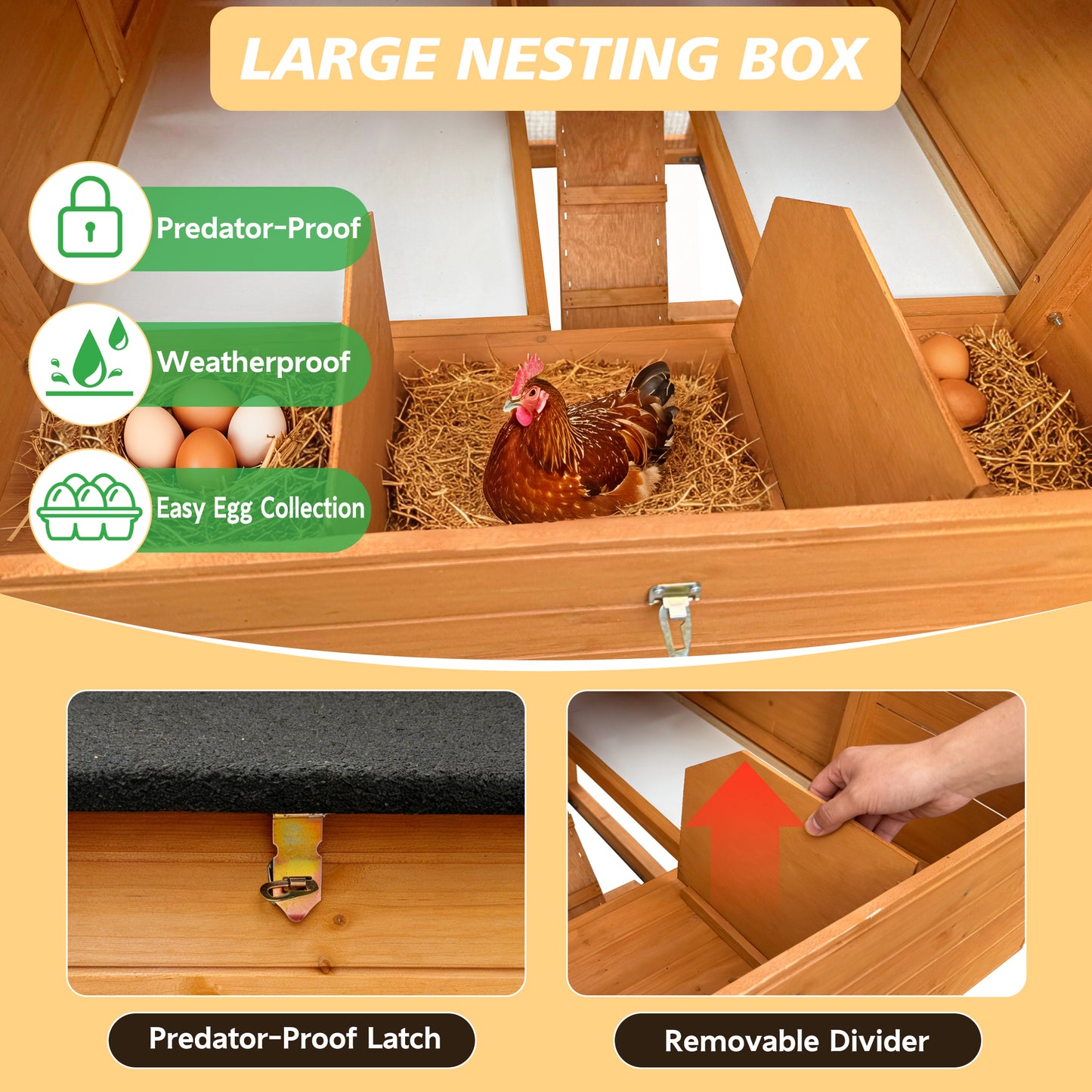 Chicken House For Outdoor With Two Nesting Box  Leakproof Pull- On Tray  And UV- Resistant Roof Panel