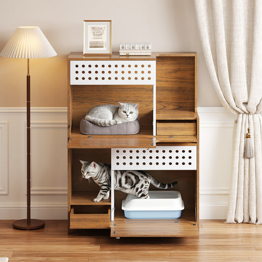 Modern 2 IN 1 Cat Furniture, Cat Litter Box Enclosure Side Table, Cat House With Storage, For 2 Small-Medium Sized Cats - BROWN