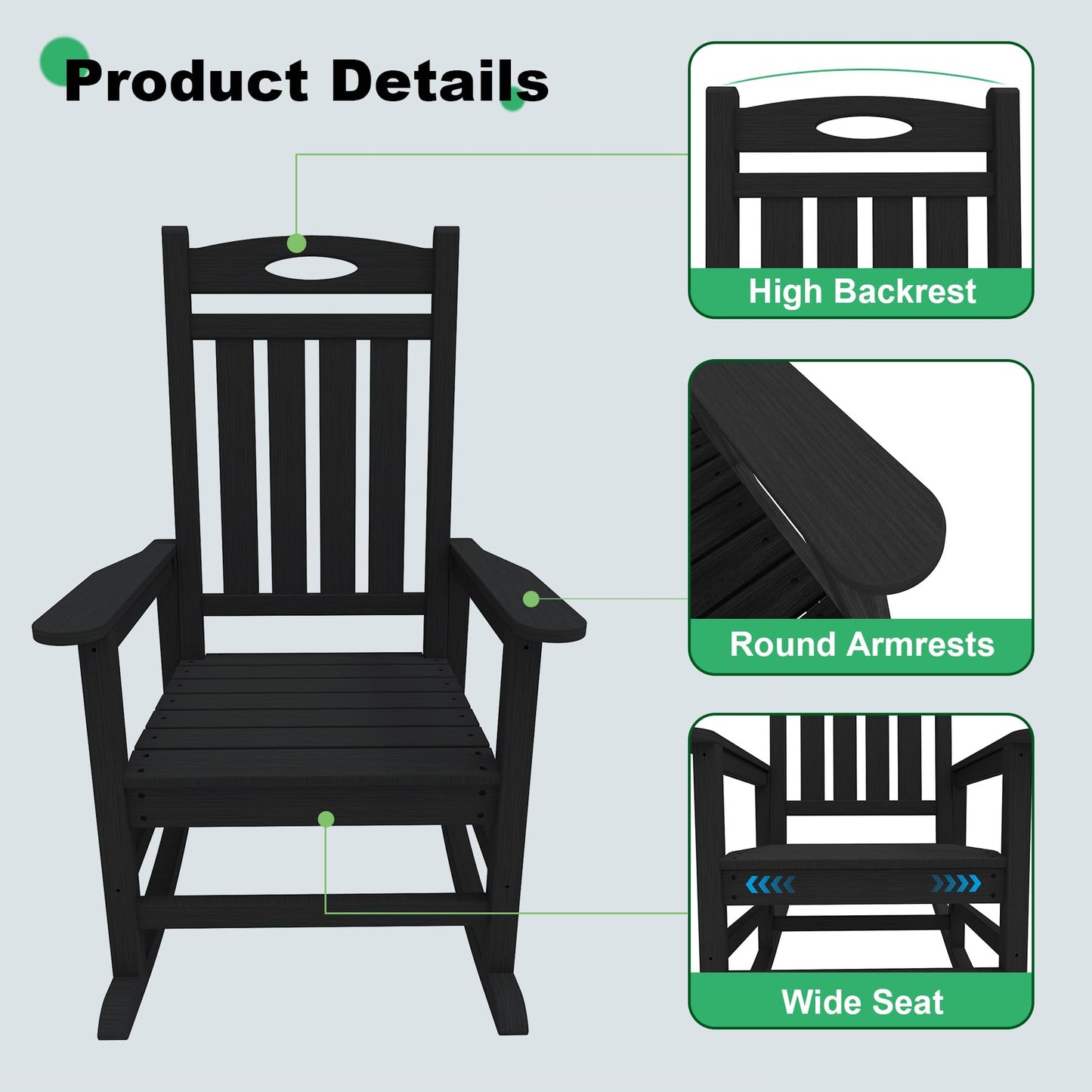 Outdoor Rocking Chair Set Of 2, HDPE Patio Rocking Chair For Adults, Oversized Outdoor Rocker For Porch Garden Lawn,Black
