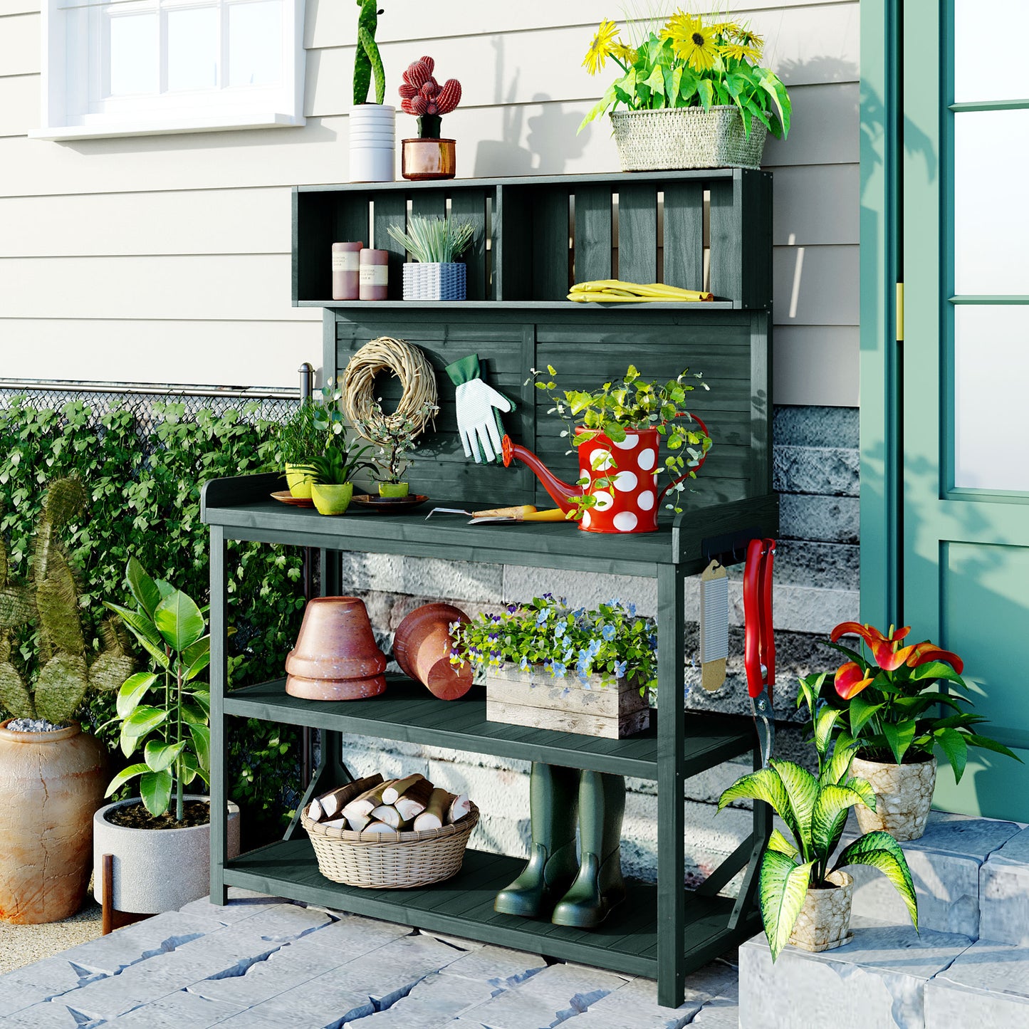 TOPMAX 65 Large Wooden Farmhouse Rustic Outdoor Potting Bench Table, Patio Workstation, Garden Potting Bench With 4 Storage Shelves And Side Hook, Forest Green