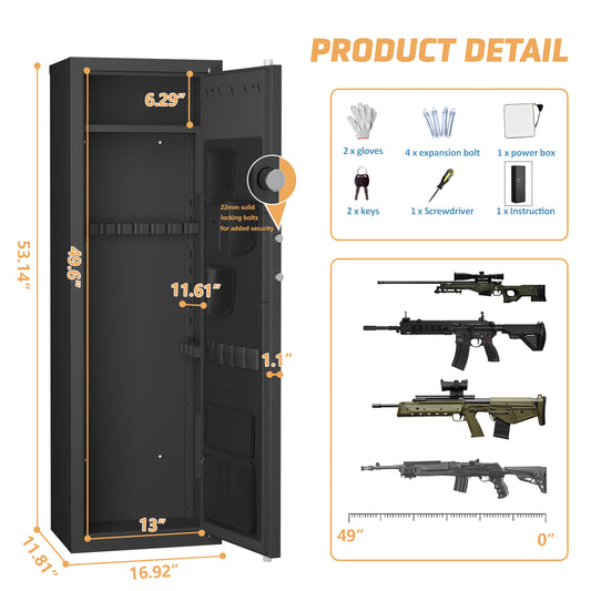 Biometric Gun Safe For Rifles And Pistols, 12-15 Large Gun Cabinet With Fingerprint & Digital Keypad, Adjustable Racks And Door Organizer, Cold-Rolled Steel, Black