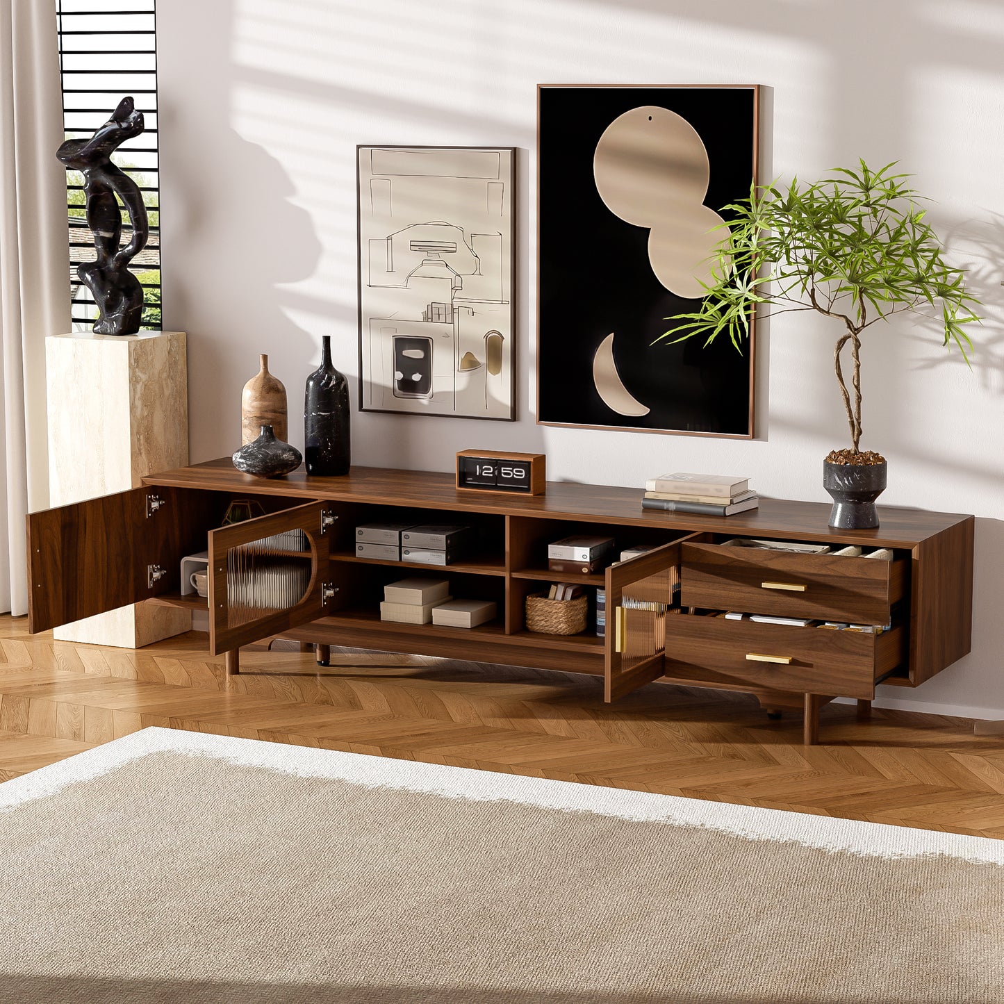 78inch TV Stand For TVs Up To 85, Modern TV Cabinet With Fluted Glass Doors  2 Drawers, For Living Room, Entertainment Center With Cable Management, Solid Wood Legs