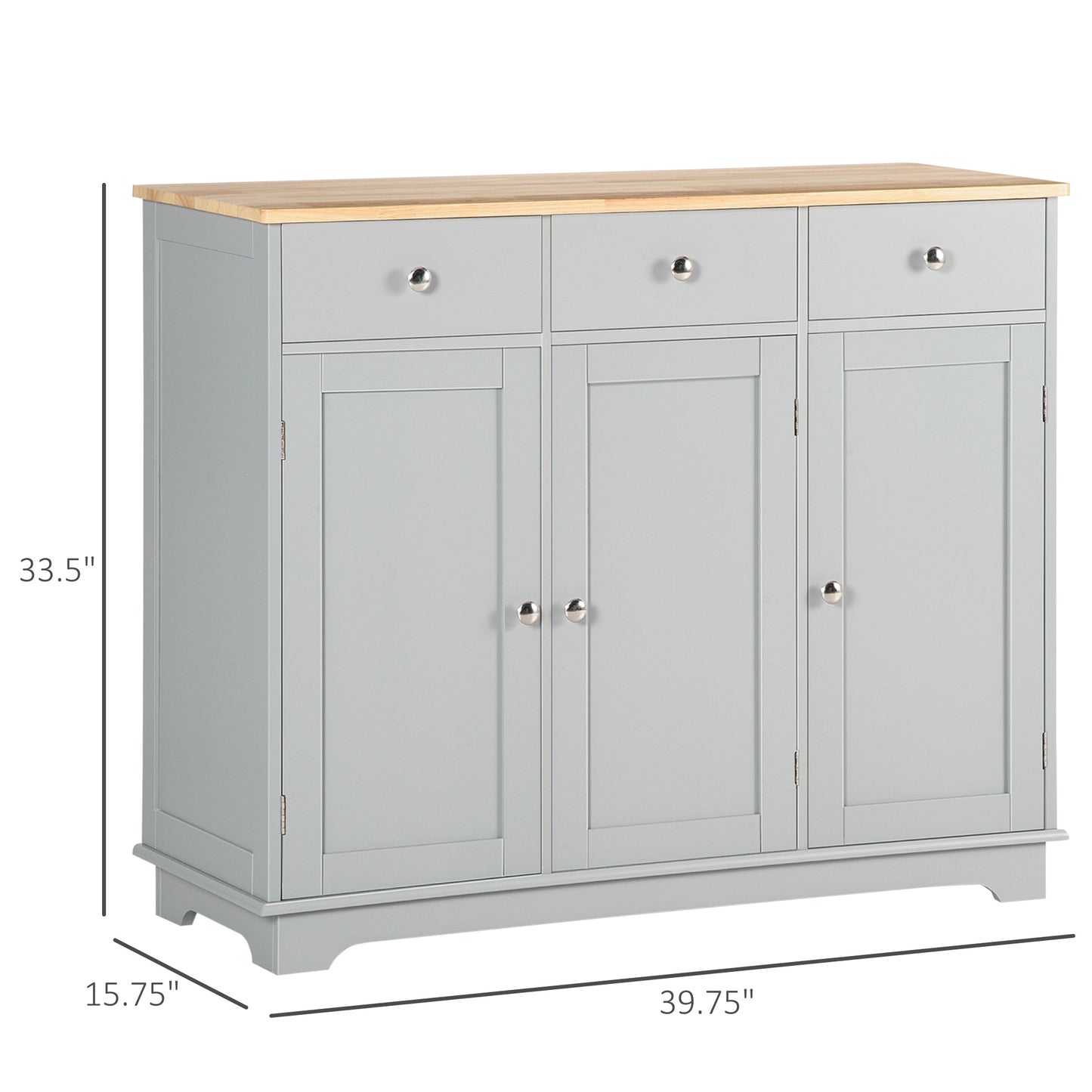 Kitchen Storage Cabinet, Sideboard Floor Cupboard With Solid Wood Top, Adjustable Shelf, And 3 Drawers, Gray