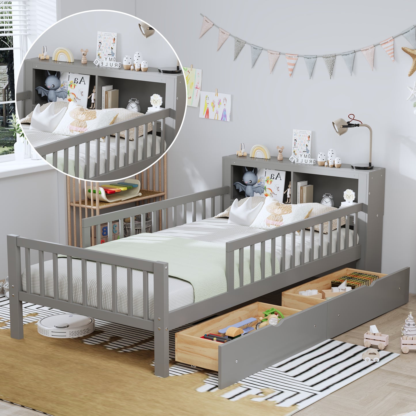 Twin Size Bed With Headboard Storage Rack, Two Under-Bed Drawers, Three-Side Guardrails For Safety And Security,Gray