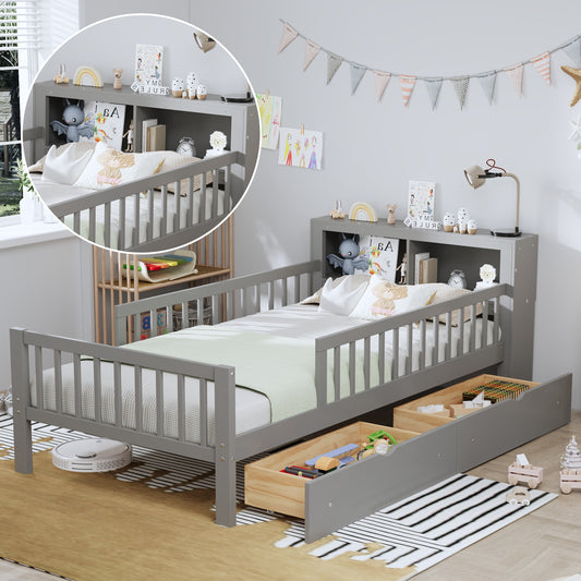 Twin Size Bed With Headboard Storage Rack, Two Under-Bed Drawers, Three-Side Guardrails For Safety And Security,Gray