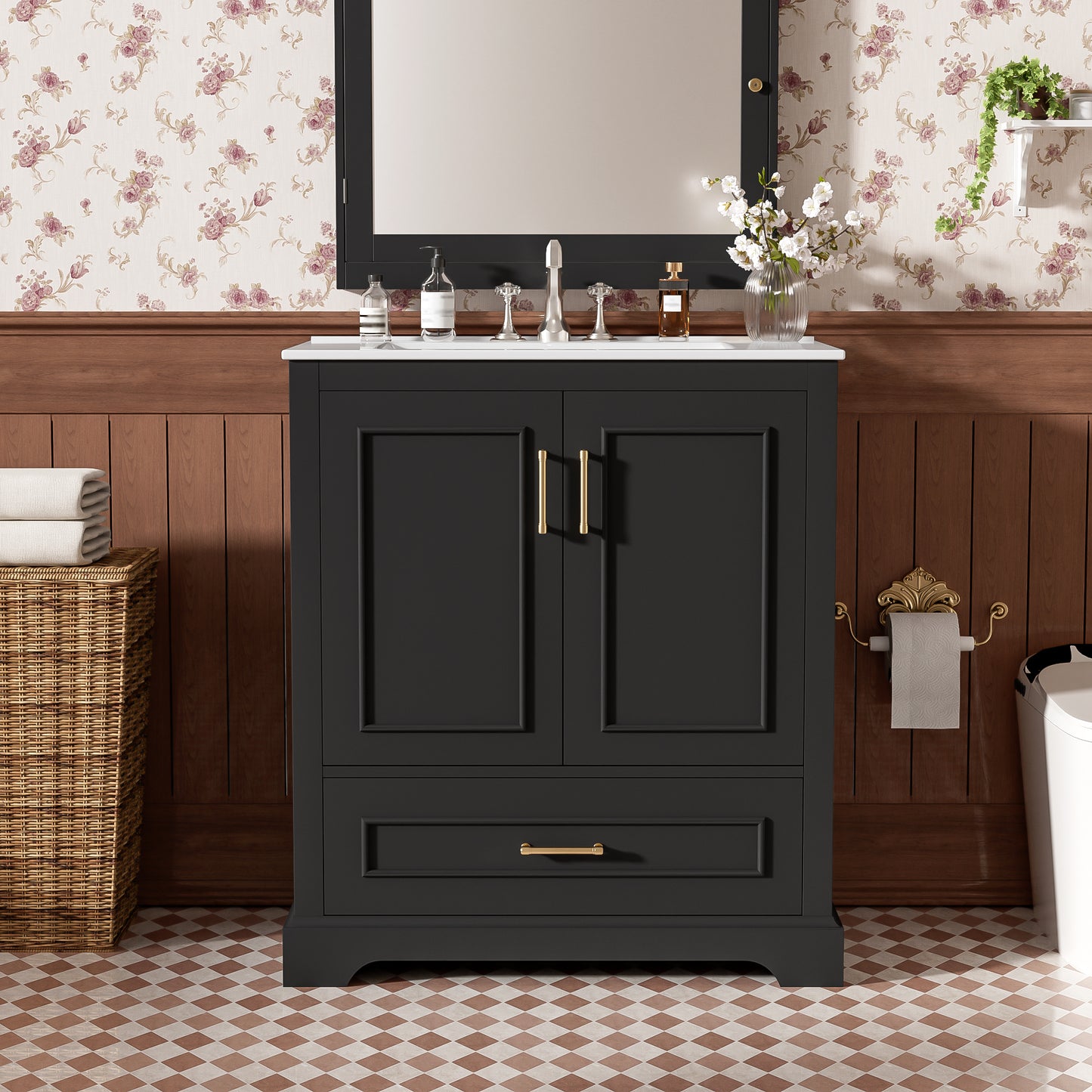 30  Bathroom Vanity With Sink, MDF And Solid Wood Frame, 1 Divider Drawer And 2 Soft-close Doors  Double Shelf On Door , Freestanding Vanity