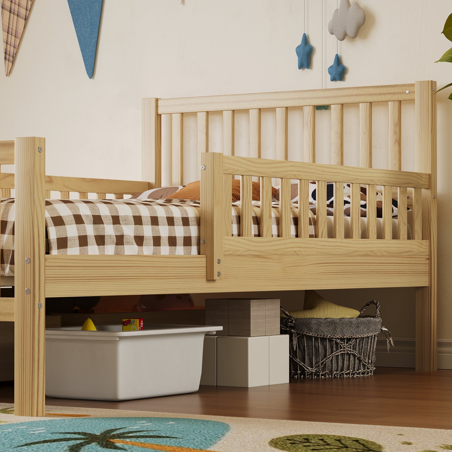 Twin Size Wood Platform Bed With Guardrails On Both Sides And Two Storage Drawers ,Natural