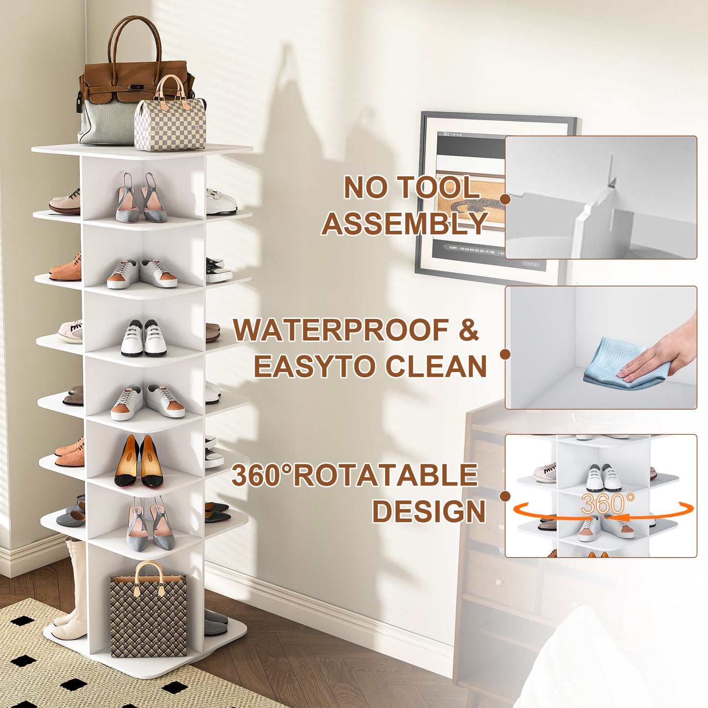 Rotating Shoe Rack Tower, 7-Tier Spinning Shoe Rack, Free Standing 360 Revolving Shoe Organizer, High Bottom Design Shoe Tower Spinning Storage Lazy Susany, Fits 28 Pairs Of Shoes  7-Tier White