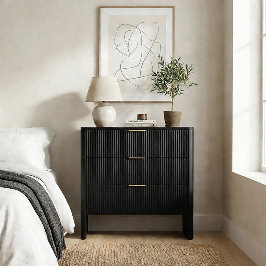 30in Wooden Cabinet With 3 Drawers Wavy Pattern Modern Bedside Cupboard Dressing Table For Bedroom Living Room Hallway Black