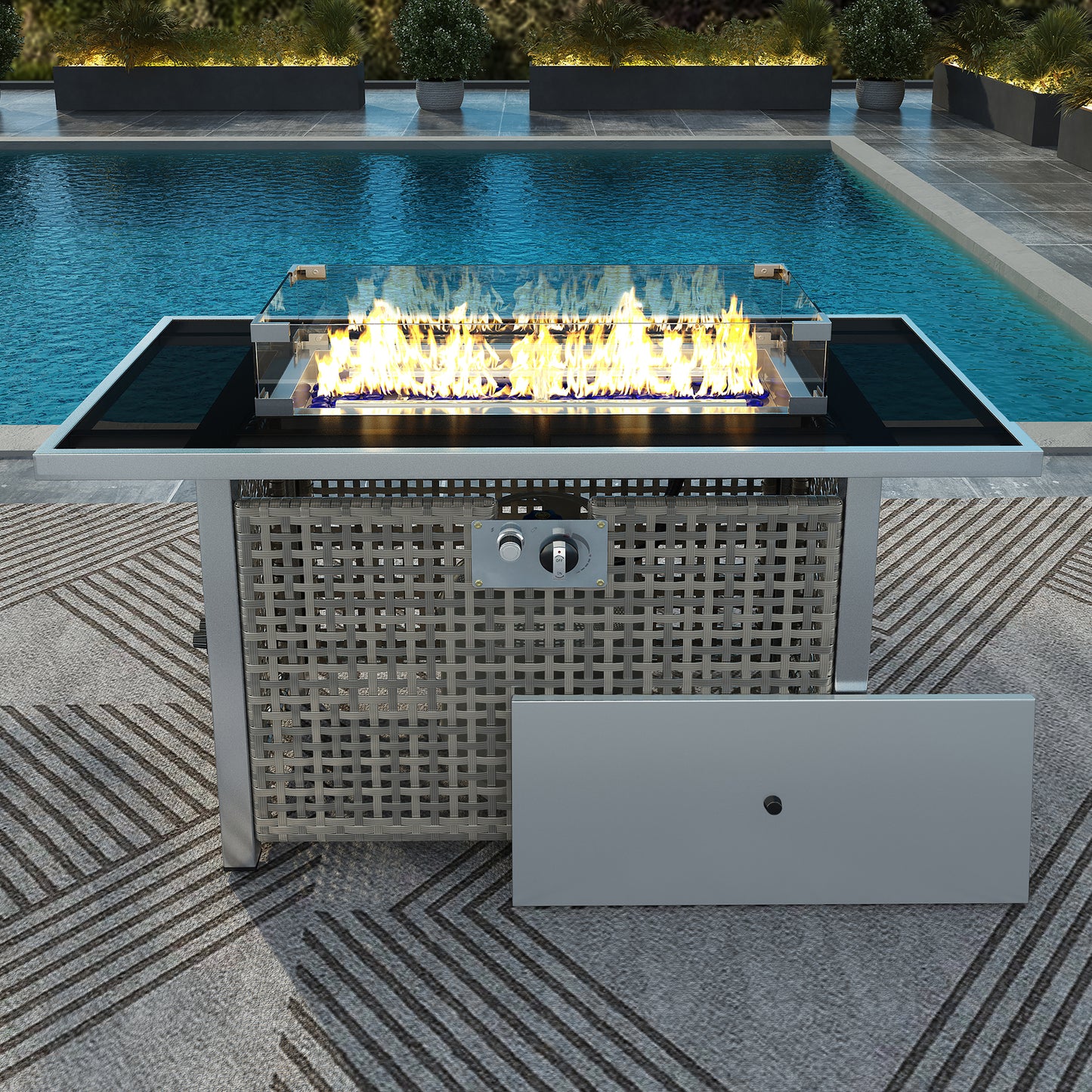 K&K 43  Propane Gas Fire Pit Table, 60000 BTU Rectangular Open Weave Wicker Fire Pit With Glass Wind Guard For Outside Patio Deck Garden  Grey