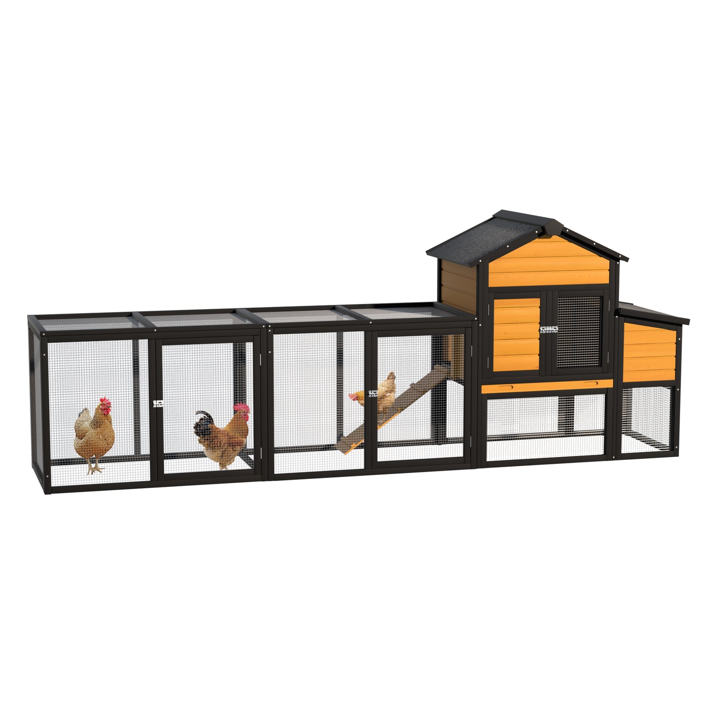 Outdoor Wooden Chicken Coop With Run, 7 Doors, Pull-Out Tray, Nesting Box & Ramp - Backyard Poultry House For 2 - 4 Chickens, Expandable Design