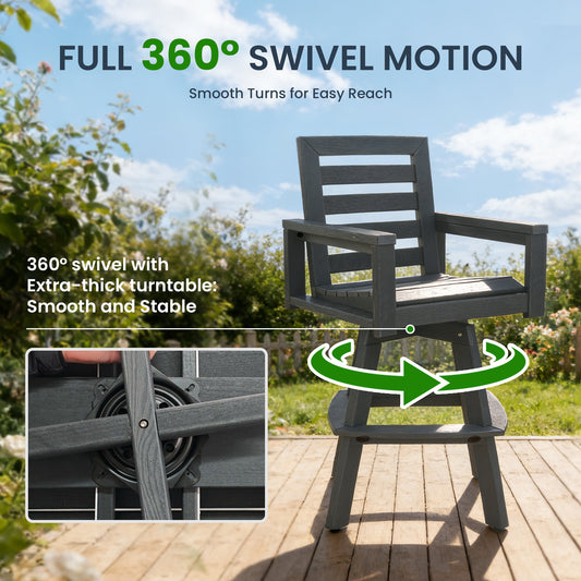 Outdoor Swivel Bar Stools, Slate Grey HDPE High-Density Polyethylene Patio Bar Chair With 360 Swivel & Ladderback, All-Weather Bar Height Stool For Deck, Porch, Poolside, Hot-Embossed Wood Grain