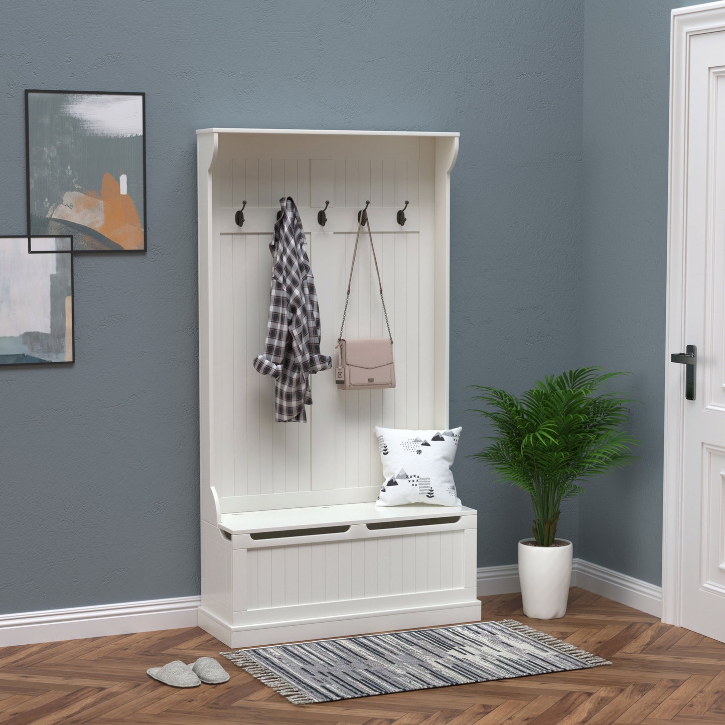3-In-1 Entryway Bench With Coat Rack, Hall Tree With Bench And Shoe Storage, 5 Hooks For Hallway Cream White