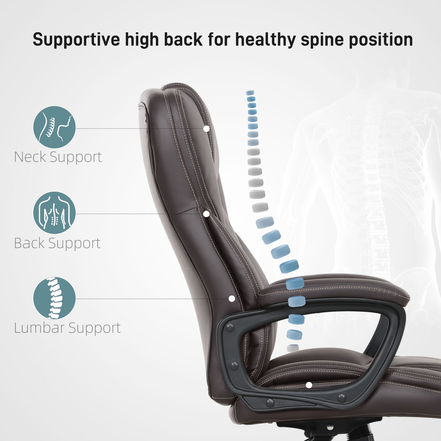 High Back Ergonomic Office Chair, PU Leather Executive Desk Chair With Adjustable Height And Swivel Wheels, Brown