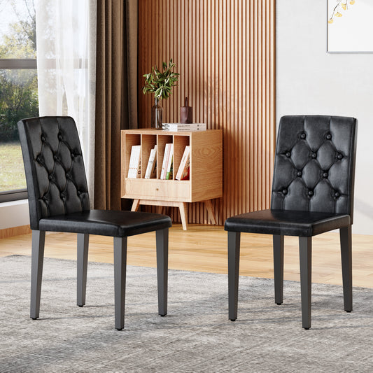 2-pack Black PU Dining Chairs,Ergonomic Buckle Backrest, 35 Inches High, Black Metal Legs,Combines Comfort And Texture.Perfectly Suitable For Family Dining Rooms, Hotel Banquet Halls,etc.