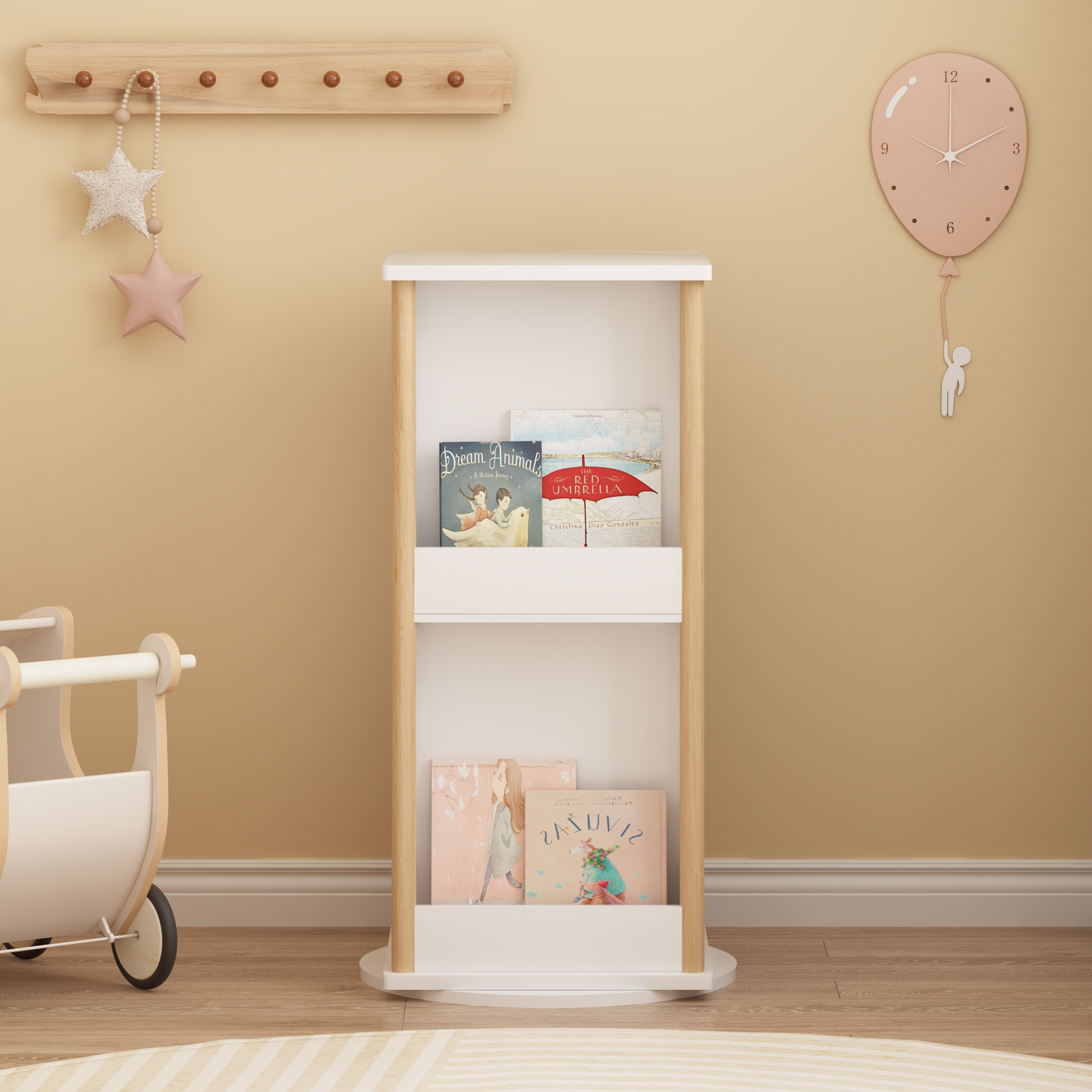 360 Rotating Kids Bookshelf With Chalkboard, 3-Tier Wood Floor Revolving Bookcase & Toy Storage Organizer, Picture Book Display Stand For Toddlers, Nursery & Playroom, White And Natural